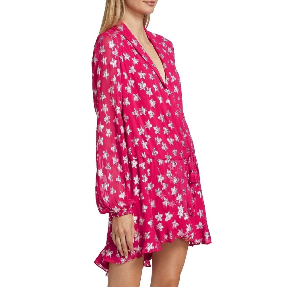 Rococo Sand Vega Mini Dress Size S Hot Pink Star Plunge Neck Ruffle Trim Party